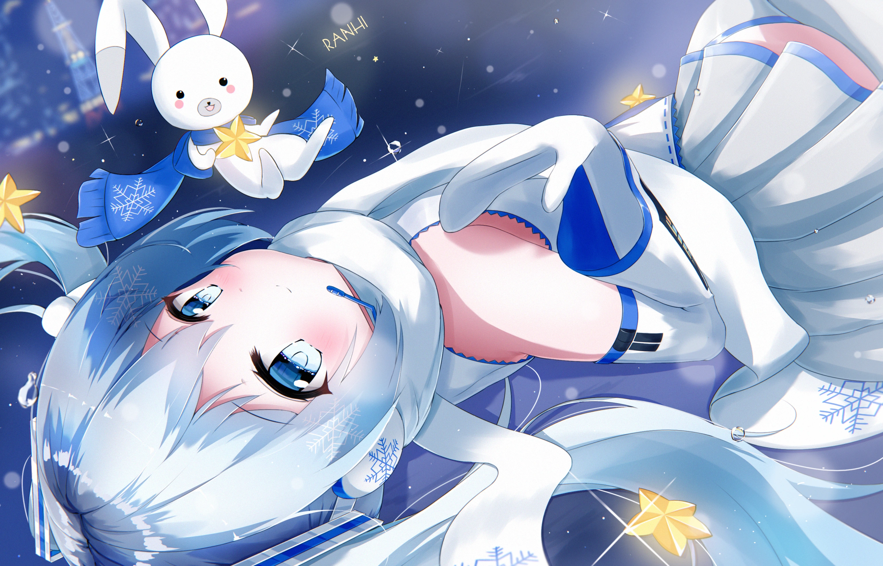 Winter Midnight — Snow Miku on the water on a snowy Sapporo night